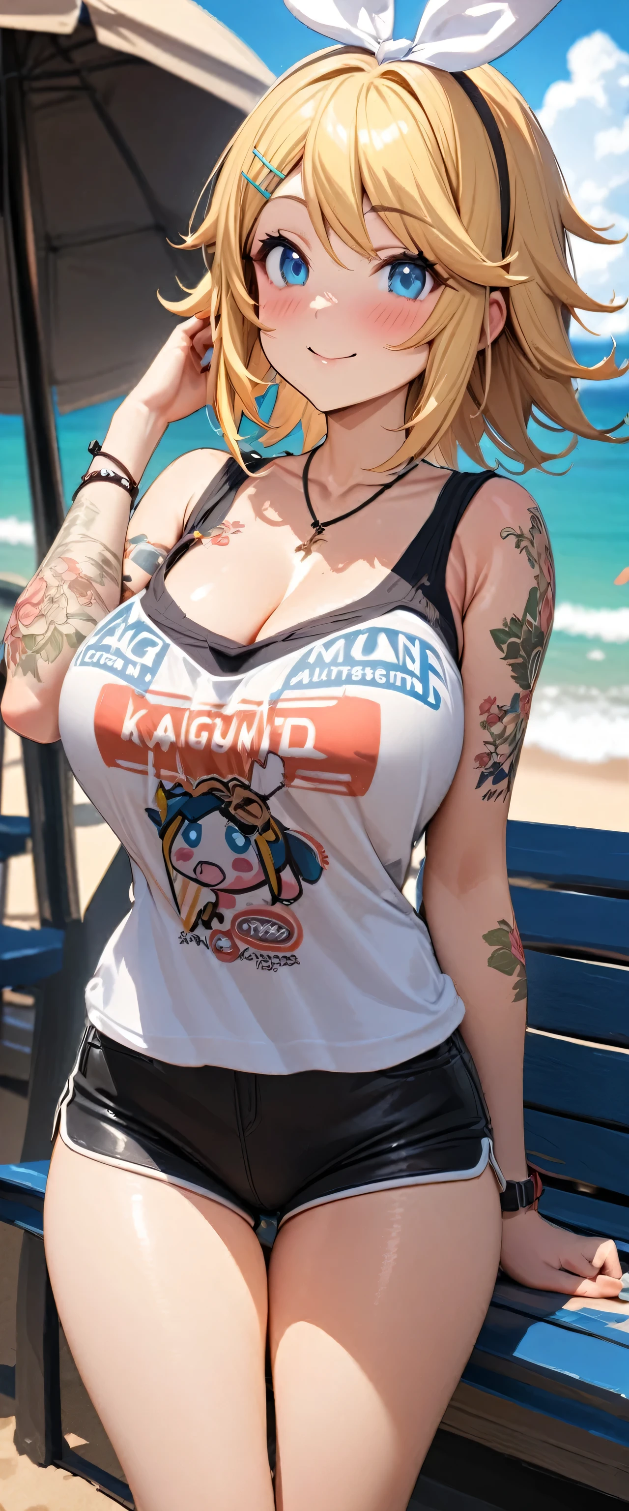 (masterpiece), (Highest quality), (figure), (Very detailed), (High resolution), Absurd, One girl, (kagamine-rin), (Vocaloid), smile, short hair, Hair Clip, (Casual clothing), Put on a hair ribbon, Moe sleeves, blush, Black shorts, (blonde), (Tattoos on arms and legs), Very cute girl, small, young, delicate, Outdoor,Beach, Attention to girls, (Big Breasts),Curvy,Blue Eyes