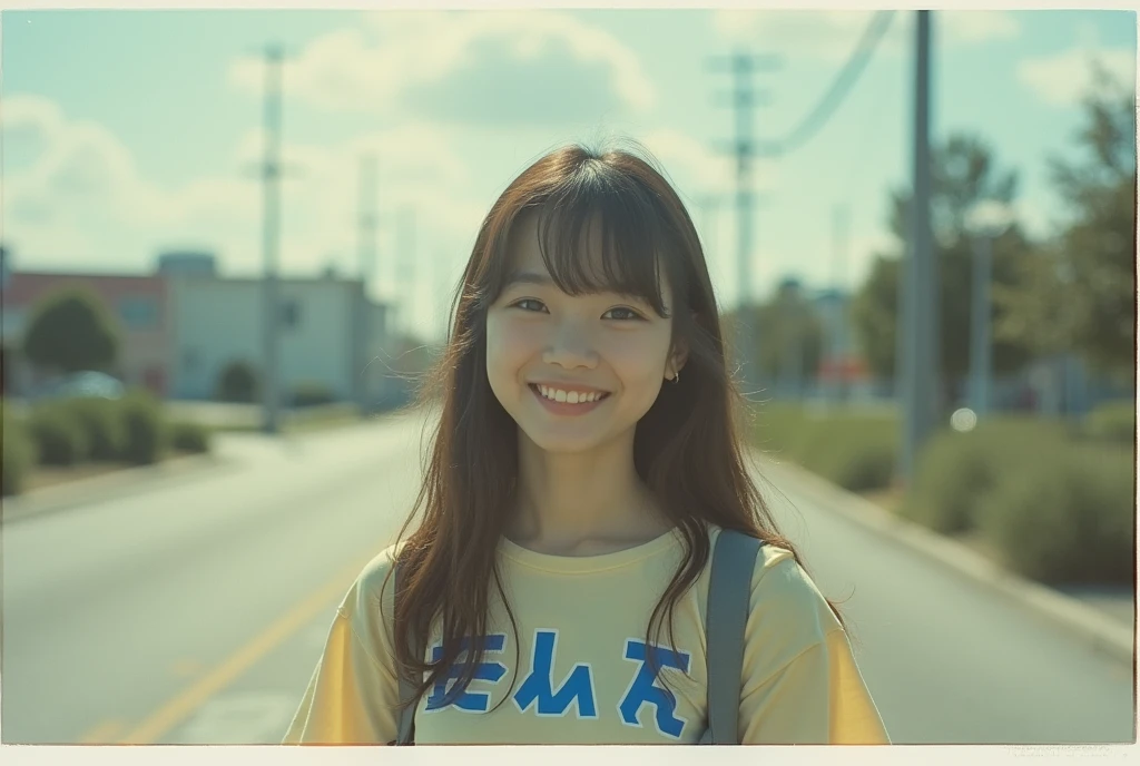 Instax-style、Photo of a smiling high school girl。The girl is far away、Looking somewhere。