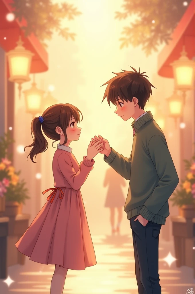Draw a boy and a girl。It's like we're on a date。The girl has a ponytail and is cold but kind.。The boy is cheerful but gentle.。Boys are cool。Draw girls cutely。It's like shopping、The boy's face was red and he looked like he was wondering whether to confess or not.