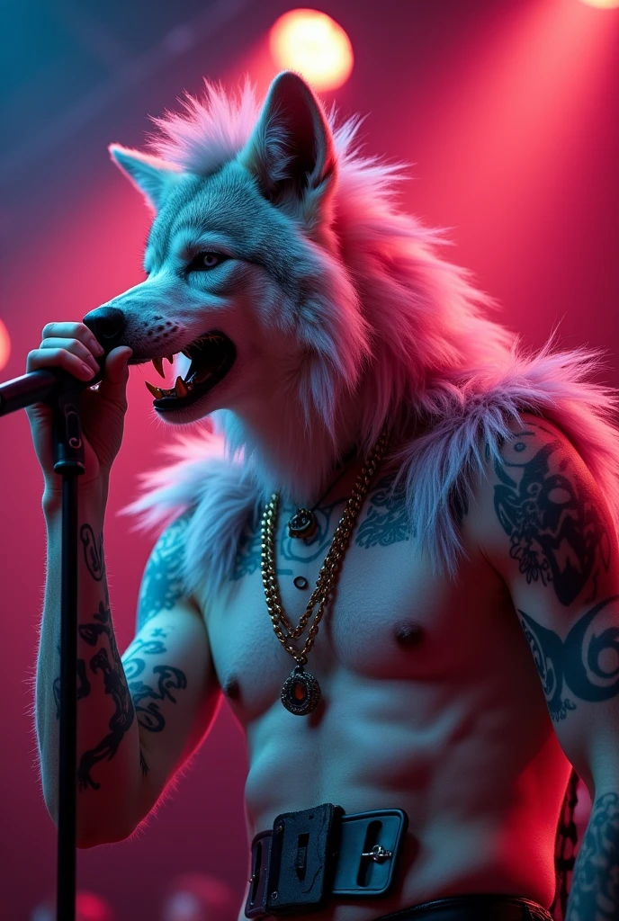 Male punk wolf with pink hair and fur grey latex bulge and duct tape gag in punk concert
