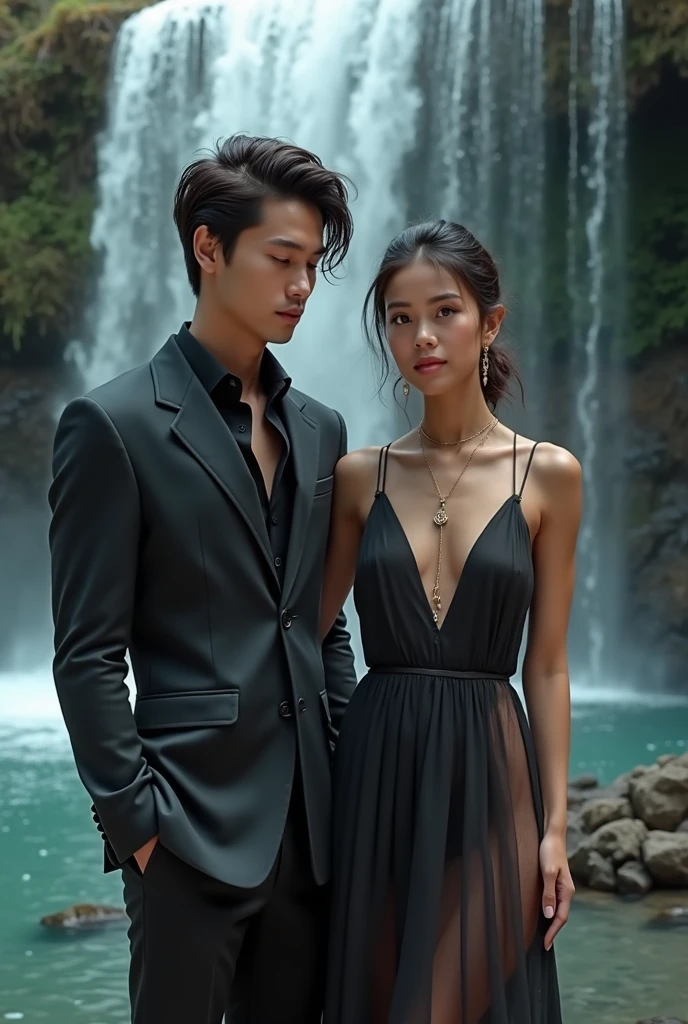 Create a image stylish man  with hairstyle water fall background with a girlfriend 