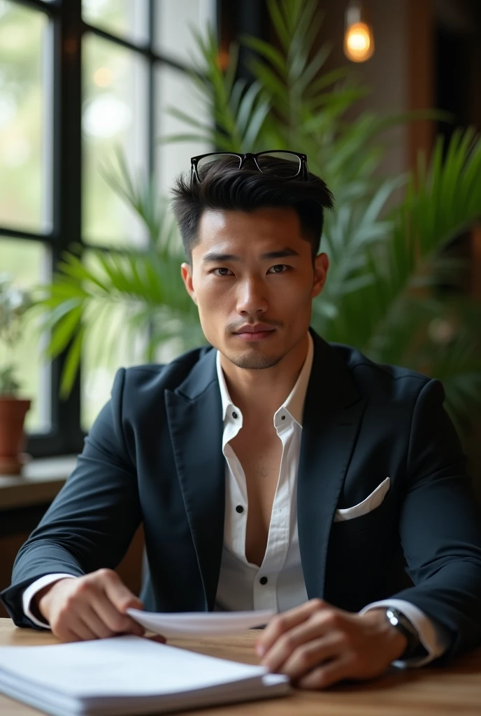 best quality, masterpiece, 8K, HD, masculine, 30 year-old chinese gentleman, very muscular, tanned skin, stylish hair, glasses on top of head, tight business suit, ((shirtspread)),transparent shirt, vpl, papers and folders on table, tall indoor plants, big bubble butt, looking directly at camera, very seductive expression, golden ratio, sexy, god rays, soft lighting, dynamic shadows, sharp focus, perfection, no watermark