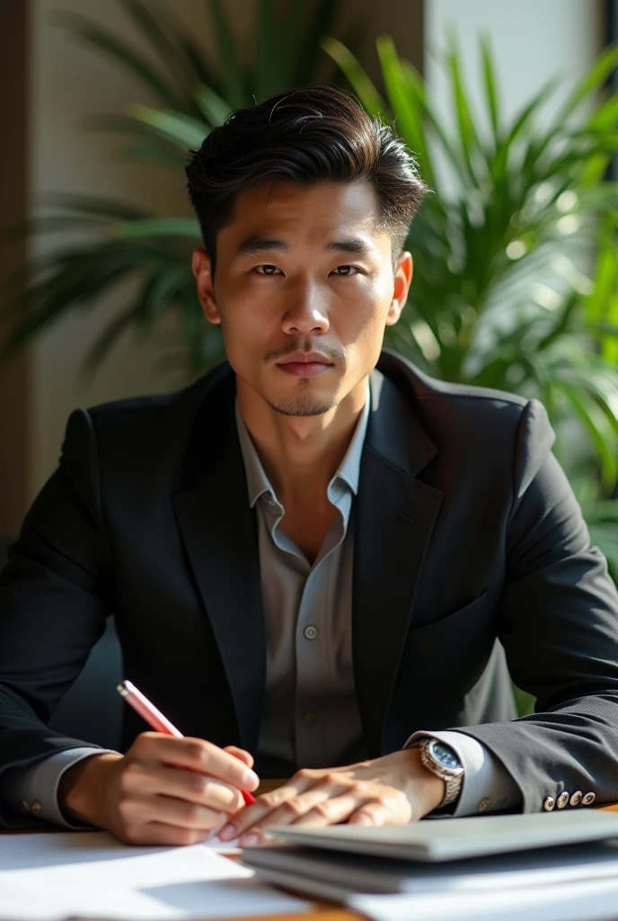 best quality, masterpiece, 8K, HD, masculine, 30 year-old chinese gentleman, very muscular, tanned skin, stylish hair, glasses on top of head, tight business suit, ((shirtspread)),transparent shirt, vpl, papers and folders on table, tall indoor plants, big bubble butt, looking directly at camera, very seductive expression, golden ratio, sexy, god rays, soft lighting, dynamic shadows, sharp focus, perfection, no watermark