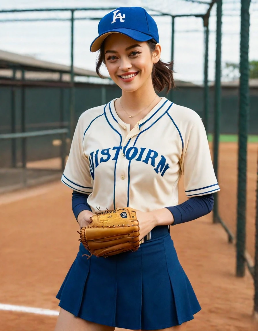 Quite a bit body, Realistic photograph of A gorgeous young asian girl in a fishnets baseball uniform outfit, beautiful long slender slimmed face Japanese girl, smiling, realistic human texture skinned, still from the film, (solo), ((Marion Cotillard: 0.9)), blended mixed face, ((Anne Hathaway:1.0)),blue hair, rose gold eyes, (medium breasts), (petite body), messy hair, ponytail, medium length hair, looking at viewer, opened baseball shirt, outdoors, gold lockers room, taut clothing, baseball cap, low-angle view, view from behind, baseball glove, cowboy shot, baseball skirt, (masterpiece, best quality, very aesthetic, ultra detailed), intricate details, beautiful face, detailed eyes, detailed background, light from above, shiny skin, oiled skin, (Leica SL3, Summicron-SL 75 f/8 ASPH, kodak gold 400 film),