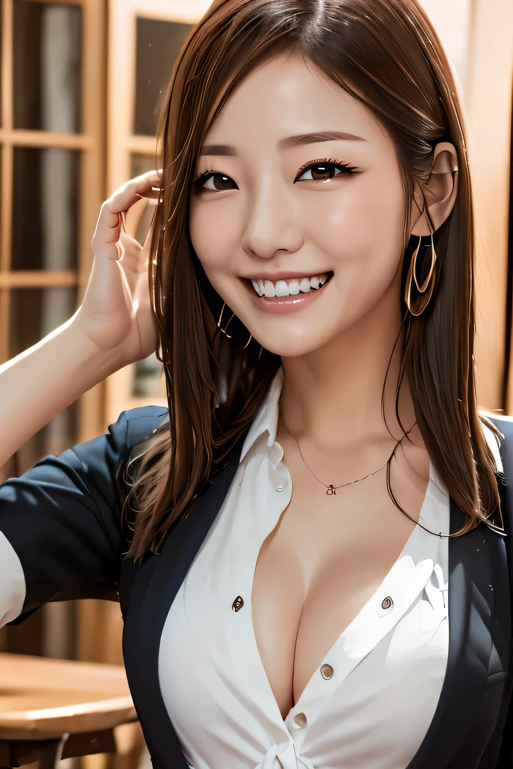 ((masterpiece)), ((Highest quality)), ((Complex)), ((Surreal)), (Realistic), (Mature Woman), ((No classes)), Very detailed, (1 female), Beautiful and exquisite, (Beautiful Teeth), Grin, Brunette bob hair, Brown eyes, ((blouse)), (Upper Body), (background:none), Perfect Eyes, Captivating eyes, Looking at the audience