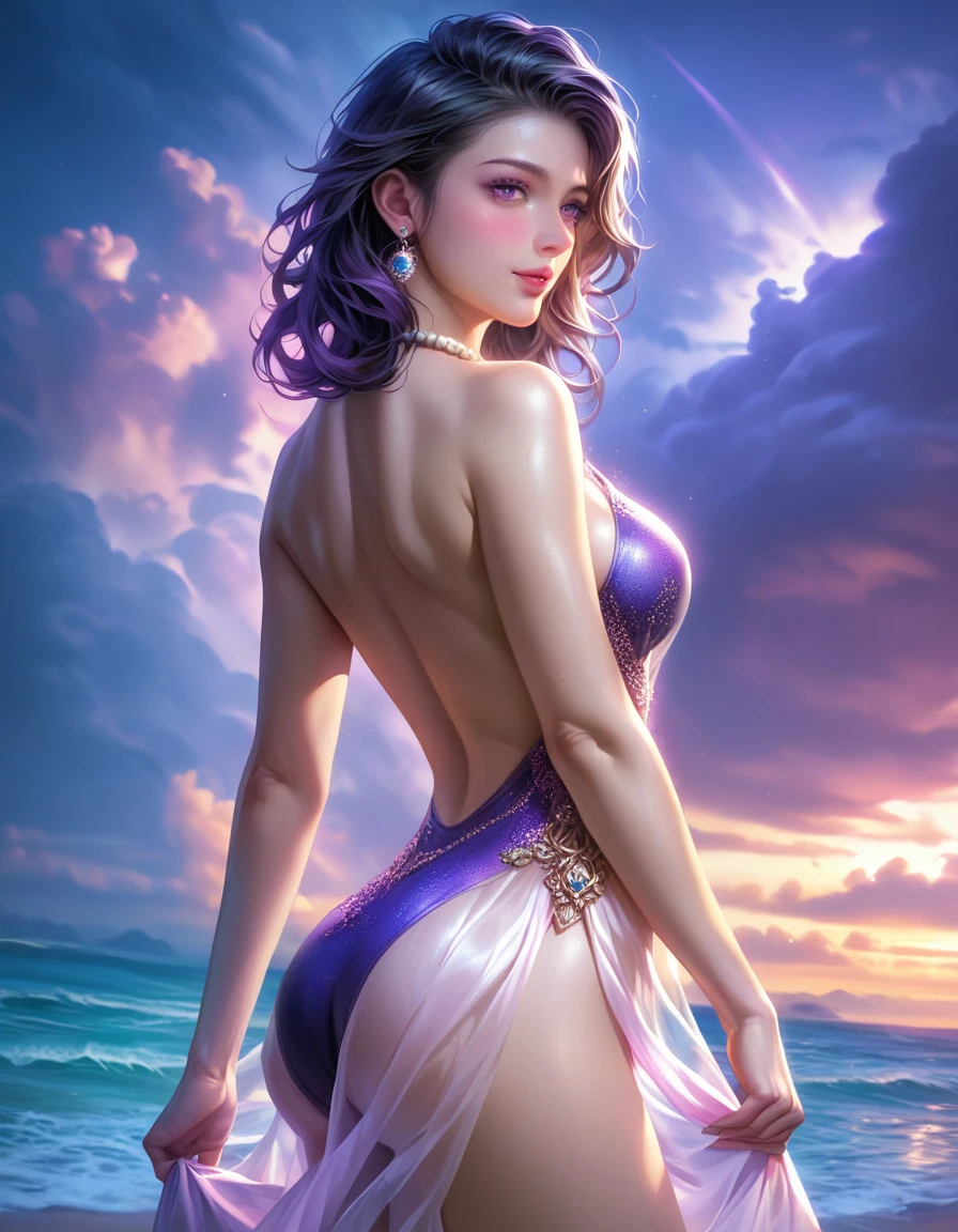 score_9, score_8_superior, score_7_superior, A masterpiece in 32K resolution,Highest quality,it is really amazing,Very detailed,Ultra-high resolution,Ultra-realistic,Realistic,Increased depth of field,Cinematic lighting,
Elegant mature Japanese woman,
black straight medium hair,Ultra-detailed and beautiful face,Calm expression,Translucent white skin,Realistic skin texture,Great proportions,
Sexy high leg dress swimsuit,
Luxurious design,Chic color patterns,Beautifully detailed decoration,Detailed fabric texture,
Gorgeous necklace,Earrings,
Dark skies before the storm,Dark clouds covering the dark sky,Thunderclouds rolling in,Coastline at night,Stormy seas,delay々A desolate sandy beach that continues,
Dramatic Angle,Beautiful back view,