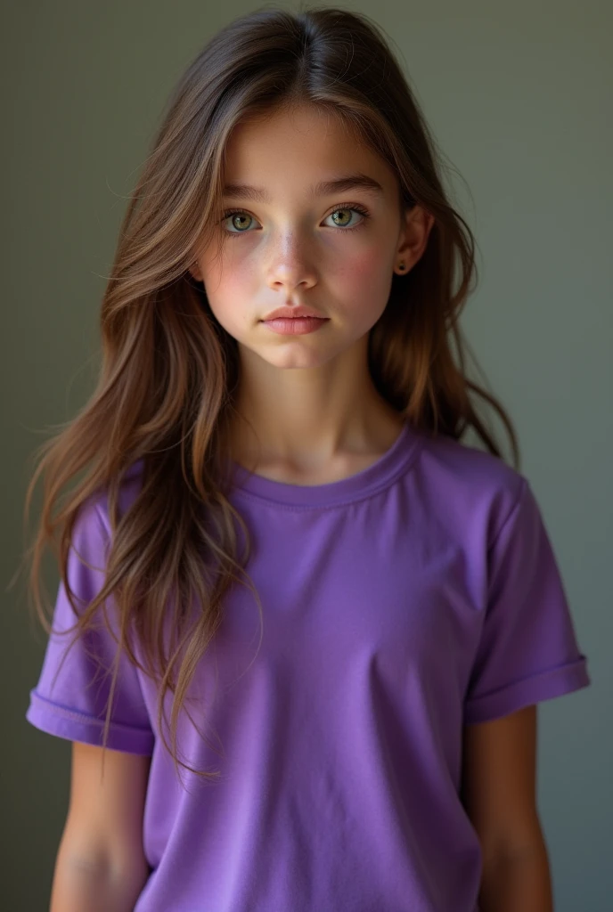 A  girl with brown hair with green eyes wearing purple t shirt