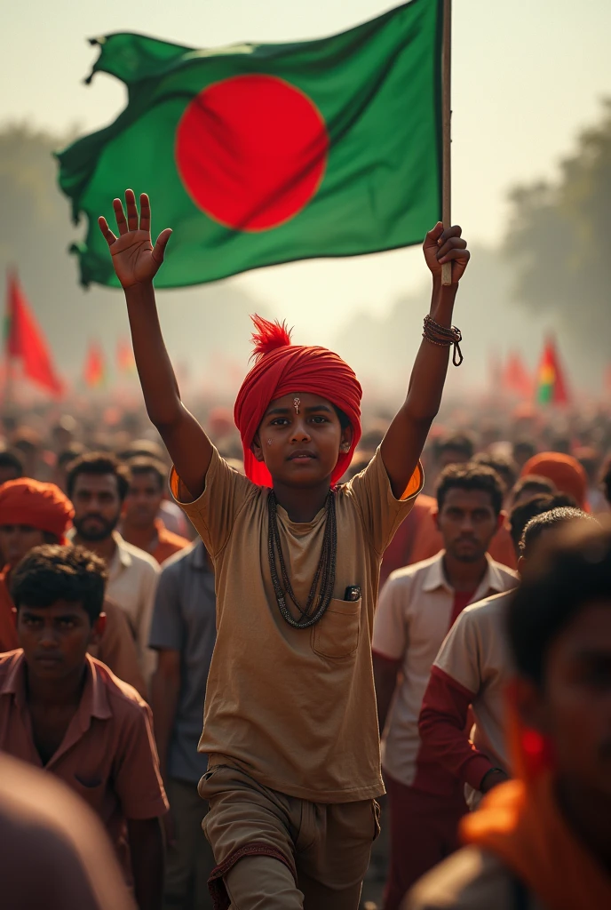 A Hindu boy marches with his hands raised among thousands of people. He has a red cloth on his head. And the other hand has the flag of Bangladesh