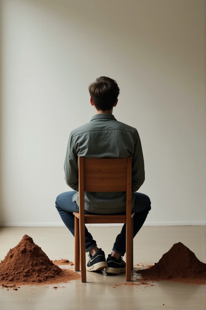 A young man who is sitting on a wooden chair in the open room and his mouth is on the front side and show him the camera from the back and there are 2 big clay puddles around him