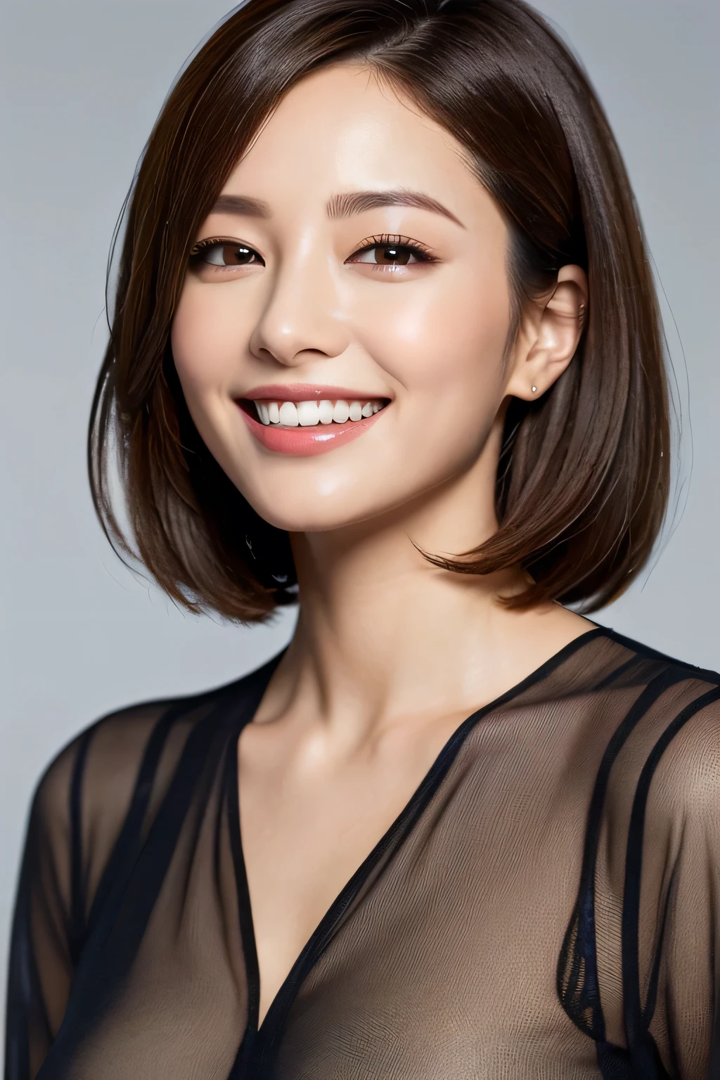 ((masterpiece)), ((Highest quality)), ((Complex)), ((Surreal)), (Realistic), (Mature Woman), ((No classes)), Very detailed, (1 female), Beautiful and exquisite, (Beautiful Teeth), Grin, Brunette bob hair, Brown eyes, ((blouse)), (Upper Body), (background:none), Perfect Eyes, Captivating eyes, Looking at the audience