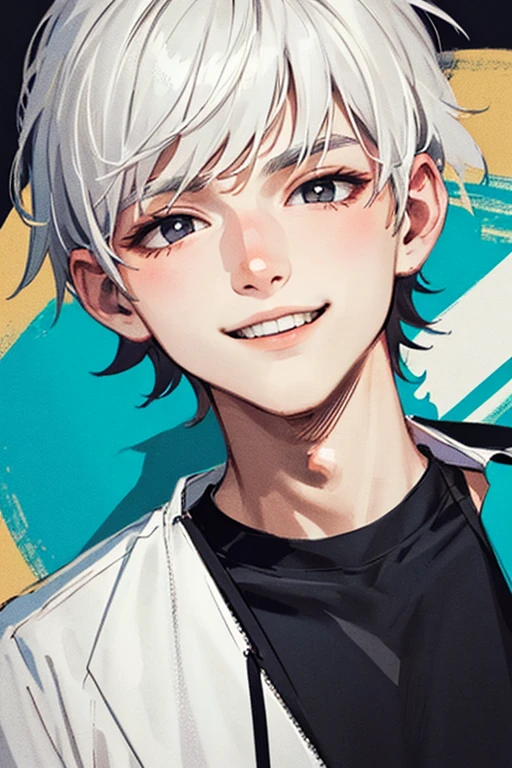 ((masterpiece)), (((best quality))), chromatic lighting,
colorized, white + black limited color palette, 
detailed concept drawing, no weird object on his face, street fashion,
portrait, 20yo 1guy, slender, short white hair, black eyes, smiling