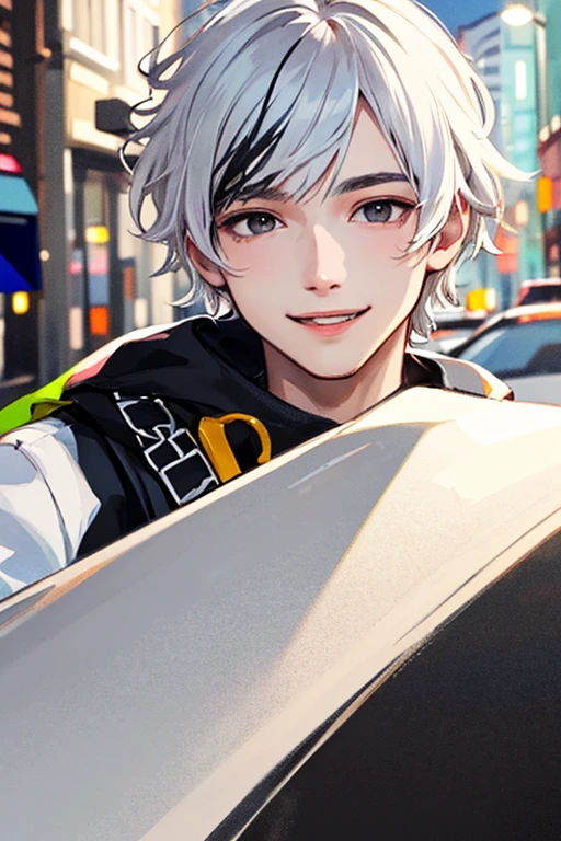 ((masterpiece)), (((best quality))), chromatic lighting,
colorized, white + black limited color palette,
detailed concept drawing, no weird object on his face, street fashion,
portrait, 20yo 1guy, slender, short white hair, black eyes, smiling