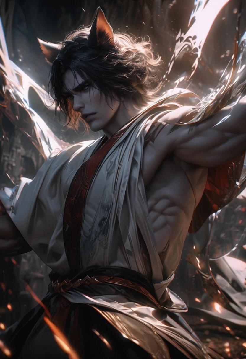 a hybrid male character with wolf ears, short black wolfcut hairstyle, pale skin, muscular mature physique, wearing a simple white kimono, domineering expression, intricate digital art, dark moody atmosphere, dramatic lighting, hyperrealistic, 8k, high quality, detailed, vivid colors, cinematic, chiaroscuro, dramatic pose, volumetric lighting, hyperrealistic, moody, cinematic atmosphere, dark fantasy