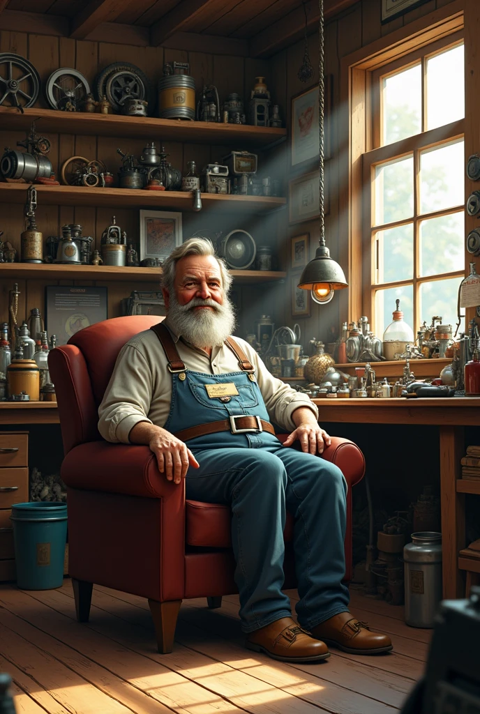 A man is setting in his shop on chair from outside view photo generate