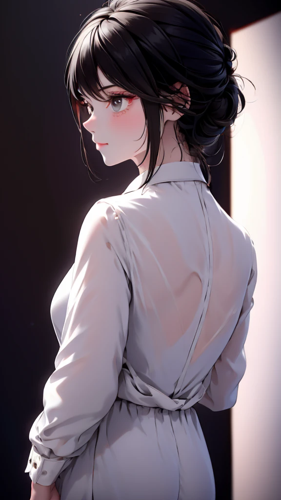 1 Girl, medium light black hair, light white eyes , wearing black Suit 4D , night TOWN , high res, ultrasharp, 8K, masterpiece, looking from behind