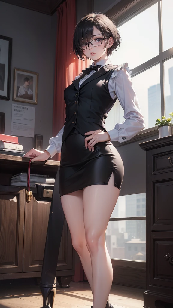 (((((middle age woman))))), masterpiece, ultra detailed, 8k portrait, RAW photo, portrait photography, highly detailed face, 1 woman, (((((standing spread legs))))), 33 years old, (((((tall))))), (((small eyes))), glasses, (((black very short cut hair))), (((hair over one eyes))), (((white skin color))), (Office lady suits:1.5), long sleeves dress shirt, (black vest:1.5), (micro skirt:1.5), ((black pantyhose)), (((pumps))), Midday Sun, hyper realistic, Body model, ((Small breasts)), Beautiful breasts, (big butt), Long legs, in the office room, Ambient lighting, Shadow details, Camera focus on face, strong breeze, Light fog
