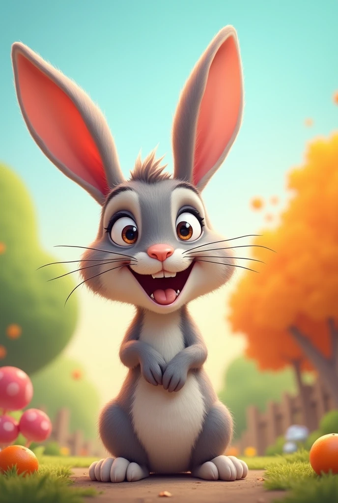 A cartoon character that is "bugs bunny" in a daycare setting, he has a small short body like a bunny does, he's also have big balls that are full cum and he also as a large horse-cock hanging out, precum is giving a beautiful gorgeous glow from being hit by the sunlight, crying face, detailed face, 8k resolution on the face, semi realistic,
