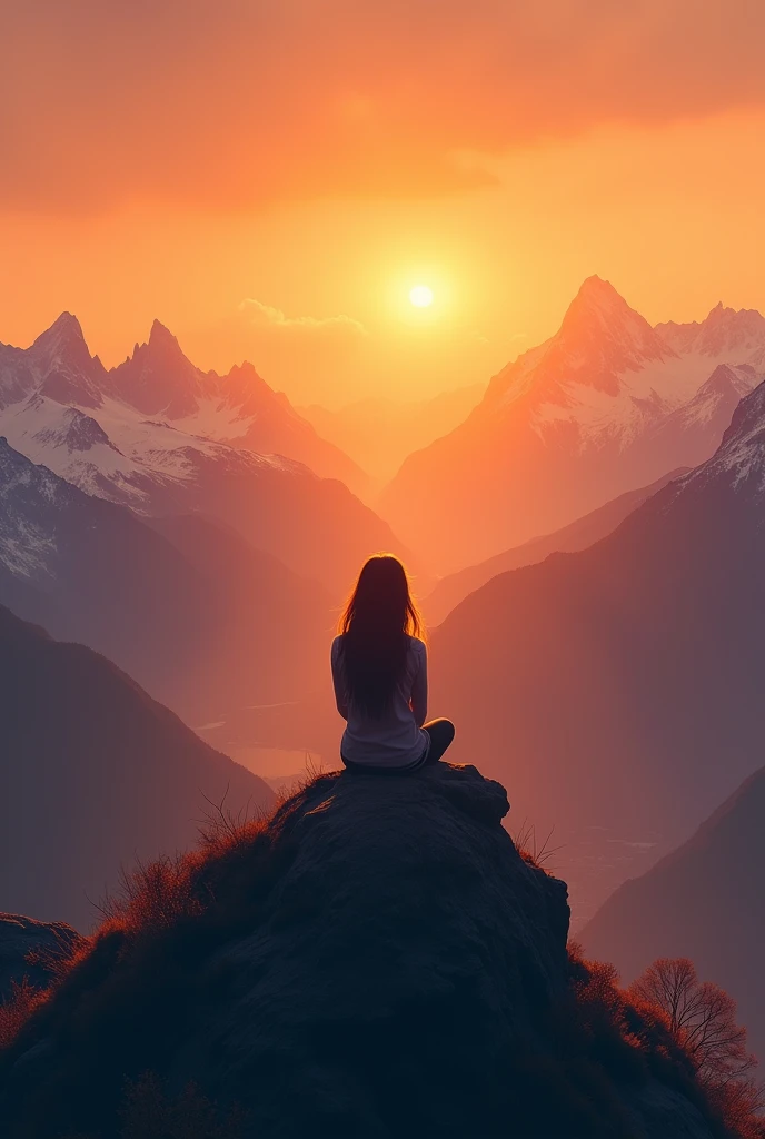 A large realistic horizontal landscape with a panoramic view of an orange sunset with mountains, on the highest peak of the mountain the shadow of a woman sitting in the distance with her back down with her hair down watching the landscape illuminated by a glow