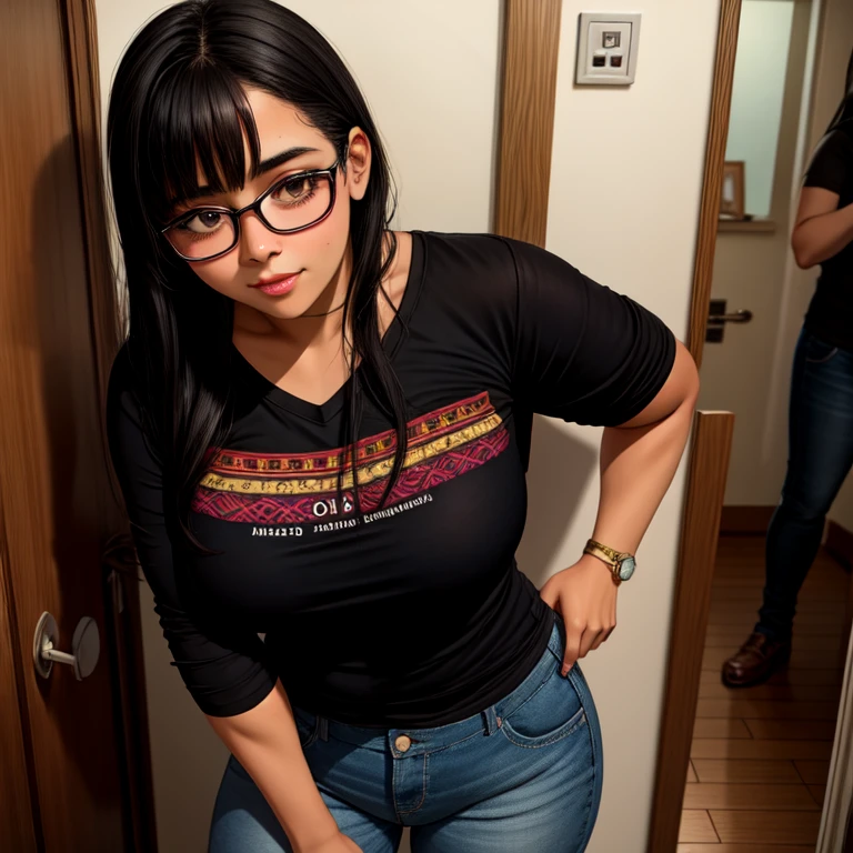 beautiful detailed, cute face, short, mexican teen, medium black hair, black hair over one eye, glasses, long-sleeved tucked in v neck T-shirt, long pants, solo, voluptuous breasts, full body photo.