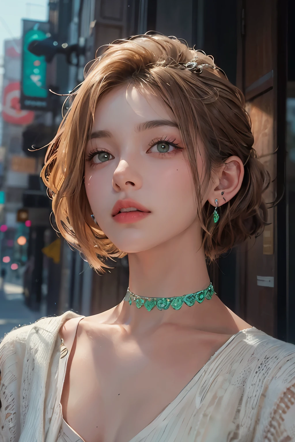 best qualtiy,tmasterpiece,Ultra-high resolution,(realisticlying:1.4),RAW photogr,beautiful photograph (N4T3 mm:0.99), A 20-year-old woman, Small and beautiful, standing on your feet,cabellos largos dorados, 耳Nipple Ring,choker necklace,Issuing,Coffee-colored cardigan sweater,Lilac slip dress long dress,Light green wedding dress,Solid color panties,Bare legged,long leges,high-heels,Big wind,In the daytime, beachside,Beautiful nipples,Are thin,Flat ,Small breasts, (Masterpiece:1.2) (Photorealistic:1.2) (bokeh) (Best quality) (Detailed skin:1.2) (Intricate details) (In the daytime) (32K) (hdr) (Cinematic lighting) (Sharp focus), (Looking at the camera:1.1), ((closeup portrait:1.2)), (Earrings),