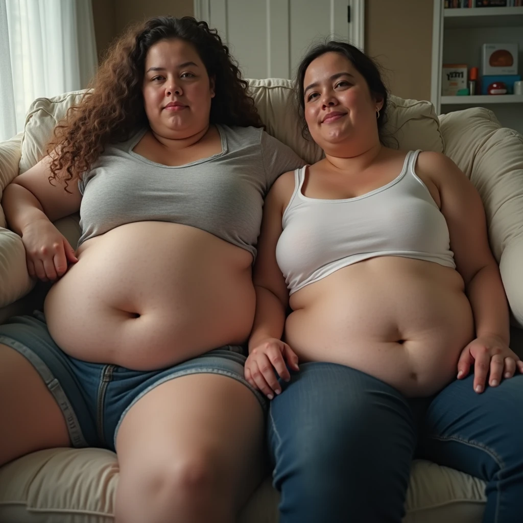 Two women are overweight and overweight with a lot of belly fat, 600LB, they are obese with huge bellies, 4K quality, low angle