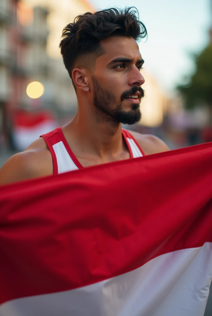 an handsome man full body carrying the Indonesian flag