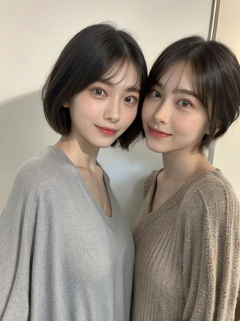 (masterpiece:1.3), (8k, Photoreal, Raw photo, best image quality: 1.4), Japanese high school girl、(random hairstyle:1.2)、cleavage:1.5、super detail face、eye for details、double eyelid、chest to chest、sharp focus:1.2、Beautiful woman:1.4、light brown hair、highest quality、masterpiece、超A high resolution、(Photoreal:1.4)、Highly detailed and professionally lit smiles、loose and light knitwear、shoulder out、thin、serious expression、short haired、deadly position
similar identical twins
All the girls have the exact same face, The two have the same face and figure, as if they were mirror images.