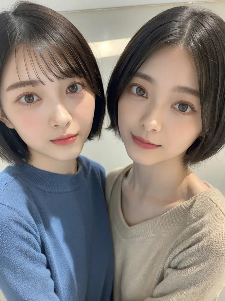 (masterpiece:1.3), (8k, Photoreal, Raw photo, best image quality: 1.4), Japanese high school girl、(random hairstyle:1.2)、cleavage:1.5、super detail face、eye for details、double eyelid、chest to chest、sharp focus:1.2、Beautiful woman:1.4、light brown hair、highest quality、masterpiece、超A high resolution、(Photoreal:1.4)、Highly detailed and professionally lit smiles、loose and light knitwear、shoulder out、thin、serious expression、short haired、deadly position
similar identical twins
All the girls have the exact same face, The two have the same face and figure, as if they were mirror images.