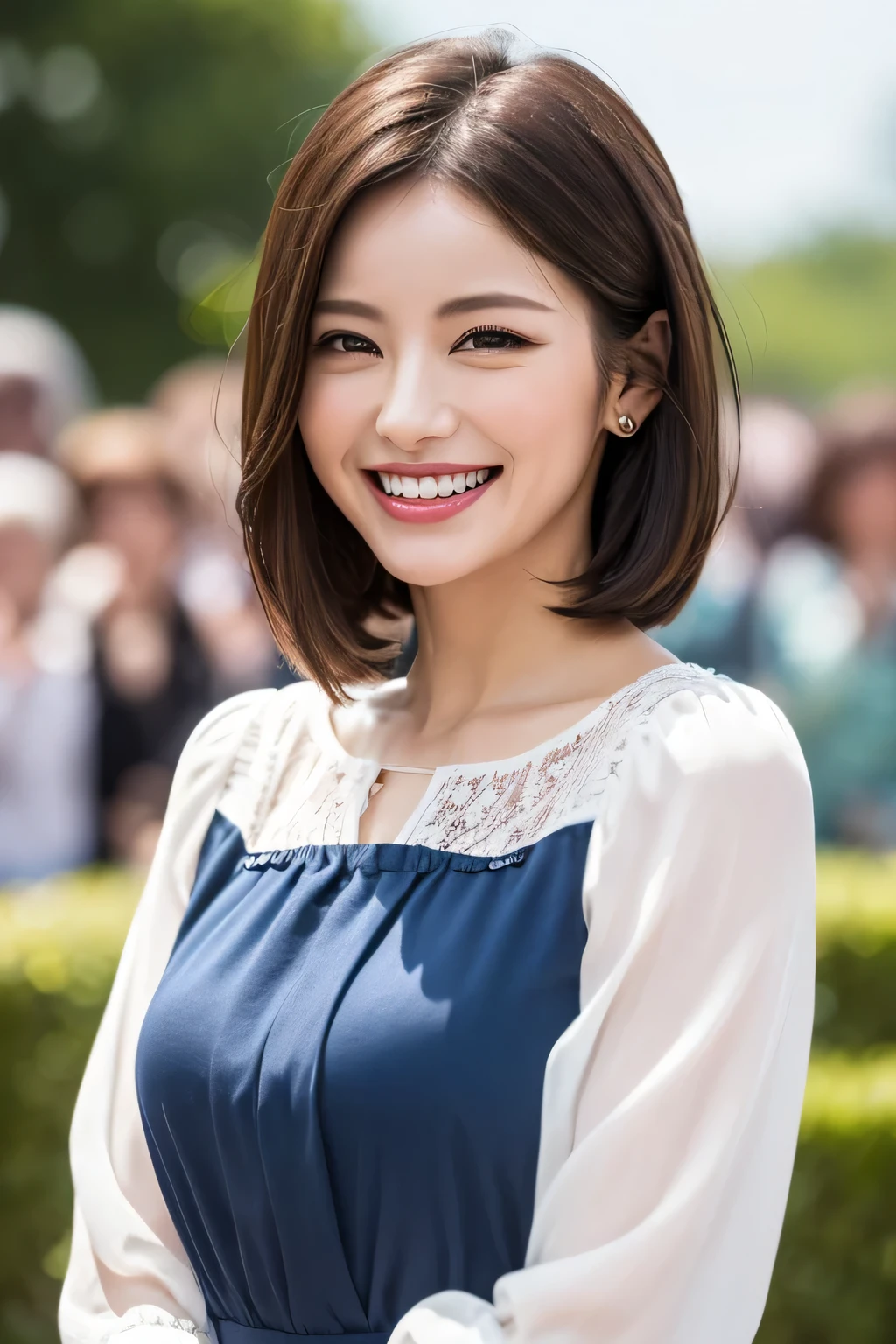 ((masterpiece)), ((Highest quality)), ((Complex)), ((Surreal)), (Realistic), (Mature Woman), ((No classes)), Very detailed, (1 female), Beautiful and exquisite, (Beautiful Teeth), Grin, Brunette bob hair, Brown eyes, ((blouse)), (Upper Body), (background:none), Perfect Eyes, Captivating eyes, Looking at the audience