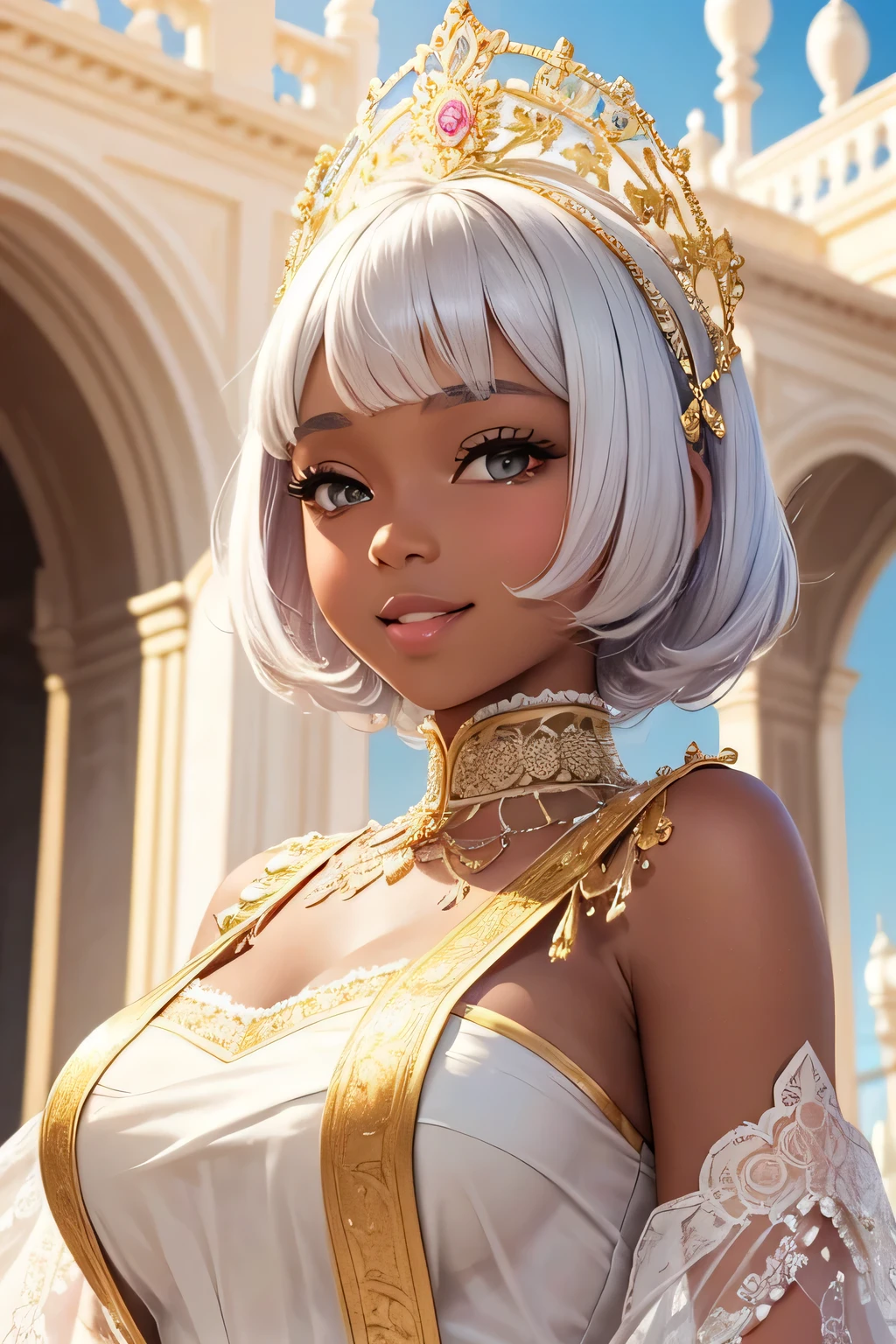 A cute black princess with short white hair, wearing a charming pastel pink and gold gown adorned with delicate lace, stands on a grand palace balcony. She has a radiant smile and waves joyfully to the adoring crowd below. The bright sunlight enhances her glowing skin and the intricate lace details on her gown. Behind her, the palace's elegant architecture and vibrant flower gardens create a cheerful and inviting atmosphere,upper body
