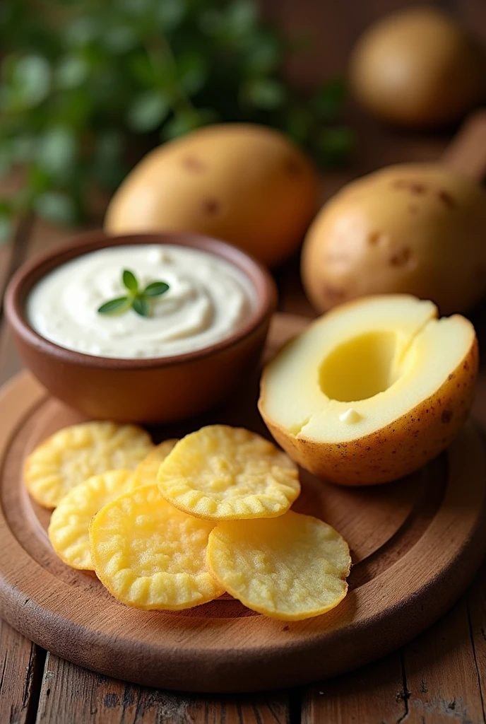 Wooden kitchen board. On top, a cooked potato with skin and a halved one. Next to it is a bowl of white sauce. On top of the same board place bagged Lays potato chips, They are very thin slices of potatoes. Without the bag lays.