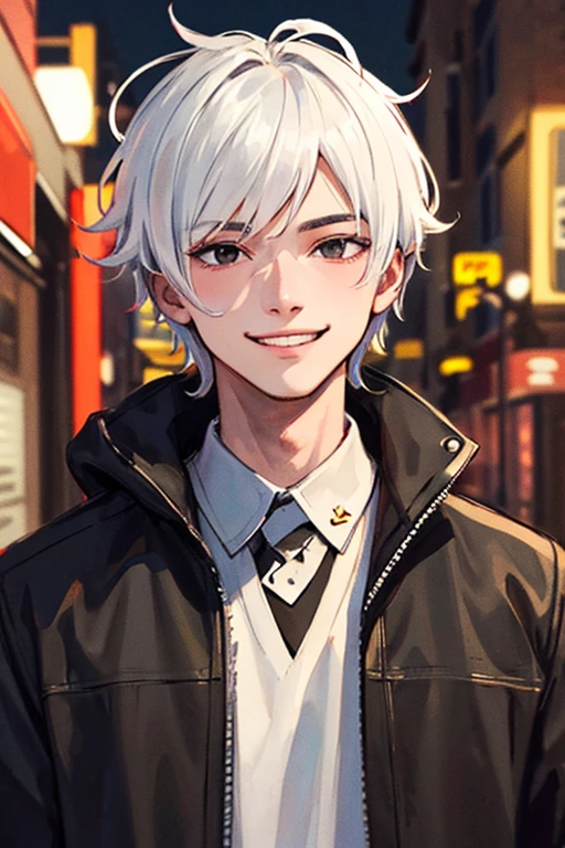 ((masterpiece)), (((best quality))), chromatic lighting,
colorized, white + black limited color palette,
detailed concept drawing, no weird object on his face, street fashion,
portrait, 20yo 1guy, slender, short white hair, black eyes, smiling