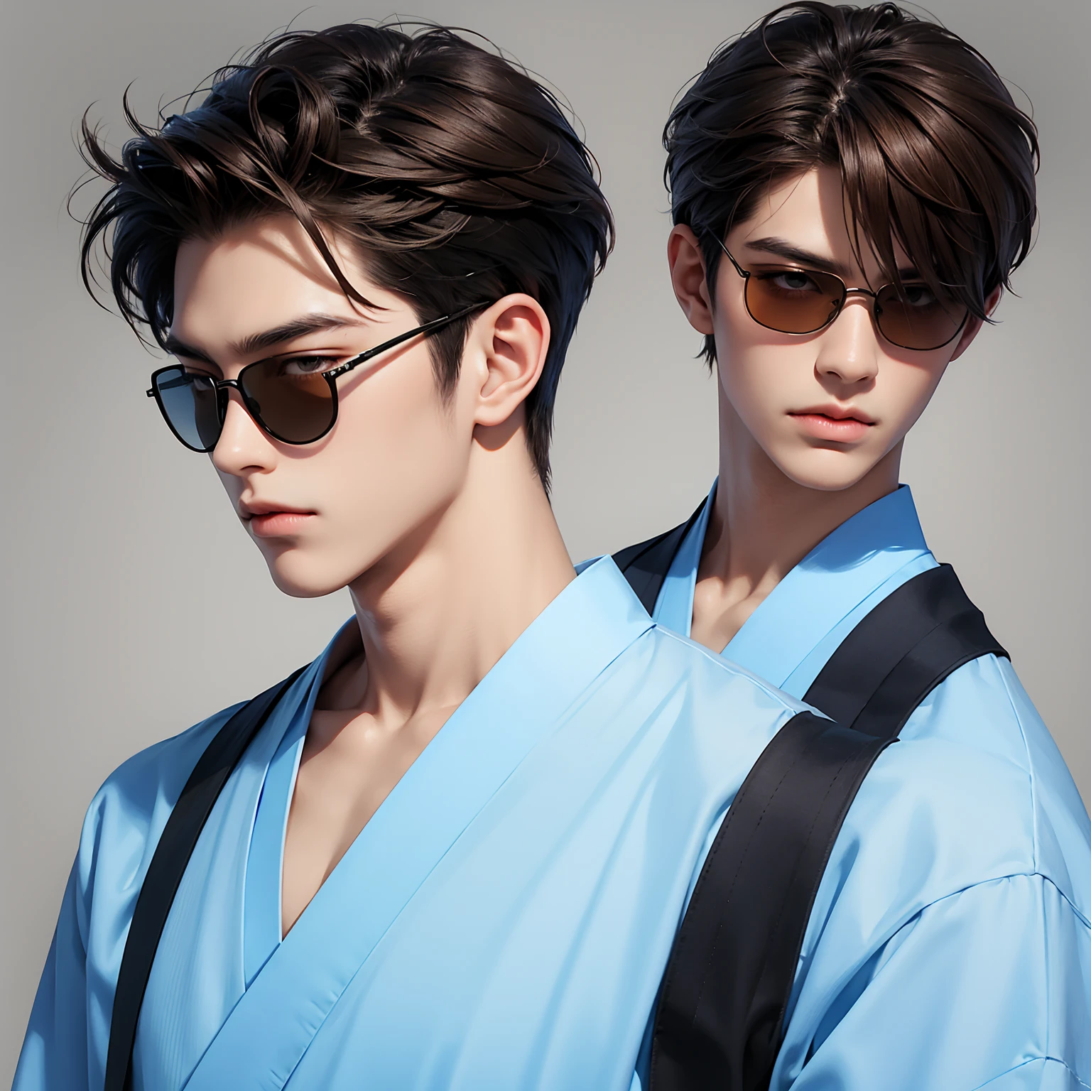 One man Japanese men No background Fashionable clothes Detailed face and skin An illustration Visible blue sunglasses Brown Hair