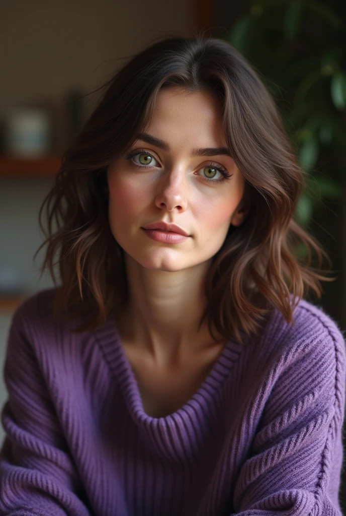 A 37 year old woman with brown hair with green eyes wearing purple sweater