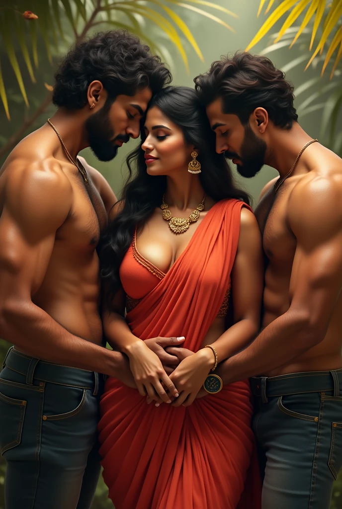 One South Indian 30 year old chubby woman with big breast, big ass, perfect body, wearing a silky saree, hugging a three 26-year old man perfect body with beard, three man and one woman, detailed, touching woman. 
