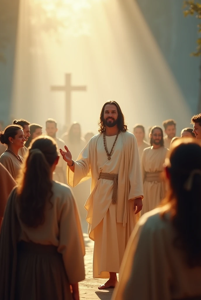 A serene, spiritual scene featuring Jesus Christ, depicted with a warm, compassionate expression, standing and speaking to a crowd of diverse people. The background includes subtle religious symbols like a cross or soft rays of light shining down, creating a divine atmosphere. The overall color scheme should be soft and warm, with hues of gold, white, and blue, evoking a sense of peace and divinity. The composition is set in a 16:9 aspect ratio, with the central focus on Jesus and the people surrounding him, capturing the essence of his journey and teachings."