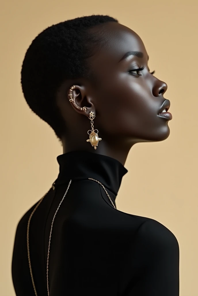 black model wearing gold thin jewelry inspired by the film Dune aesthetic, modern total black look, soft and delicate jewelry design, light beige studio background, sophisticated elegance, light beige color palette, fashion photography, highly realistic, captured on Phantom High Speed camera