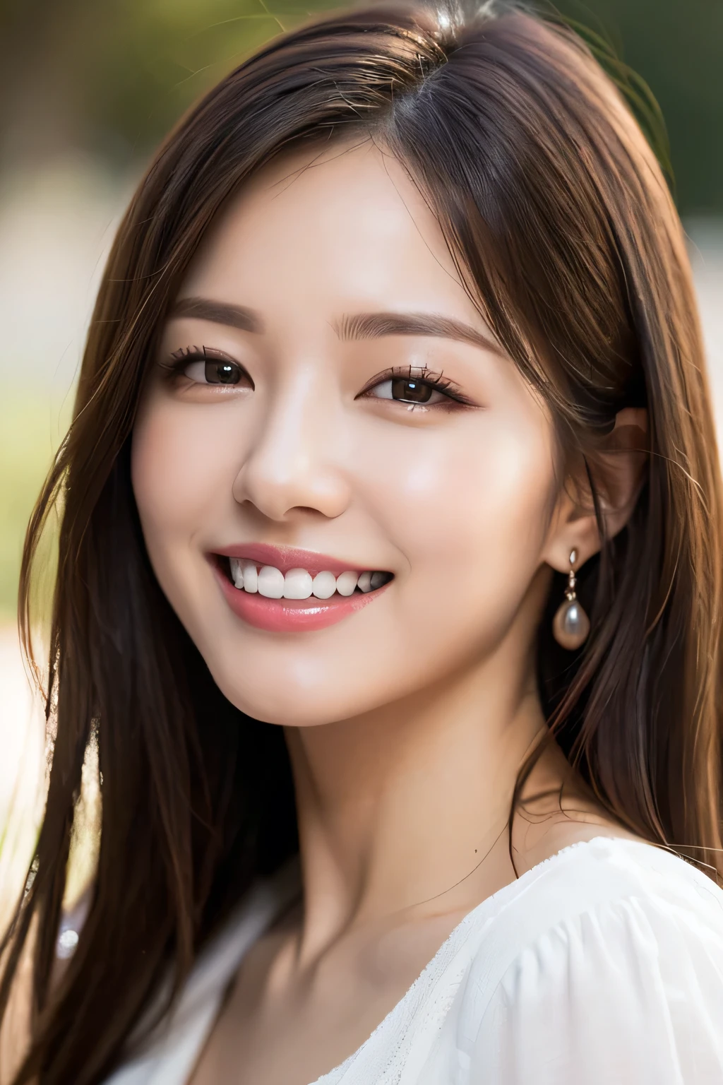 ((masterpiece)), ((Highest quality)), ((Complex)), ((Surreal)), (Realistic), (Mature Woman), ((No classes)), Very detailed, (1 female), Beautiful and exquisite, (Beautiful Teeth), Grin, Brunette bob hair, Brown eyes, ((blouse)), (Upper Body), (background:none), Perfect Eyes, Captivating eyes, Looking at the audience