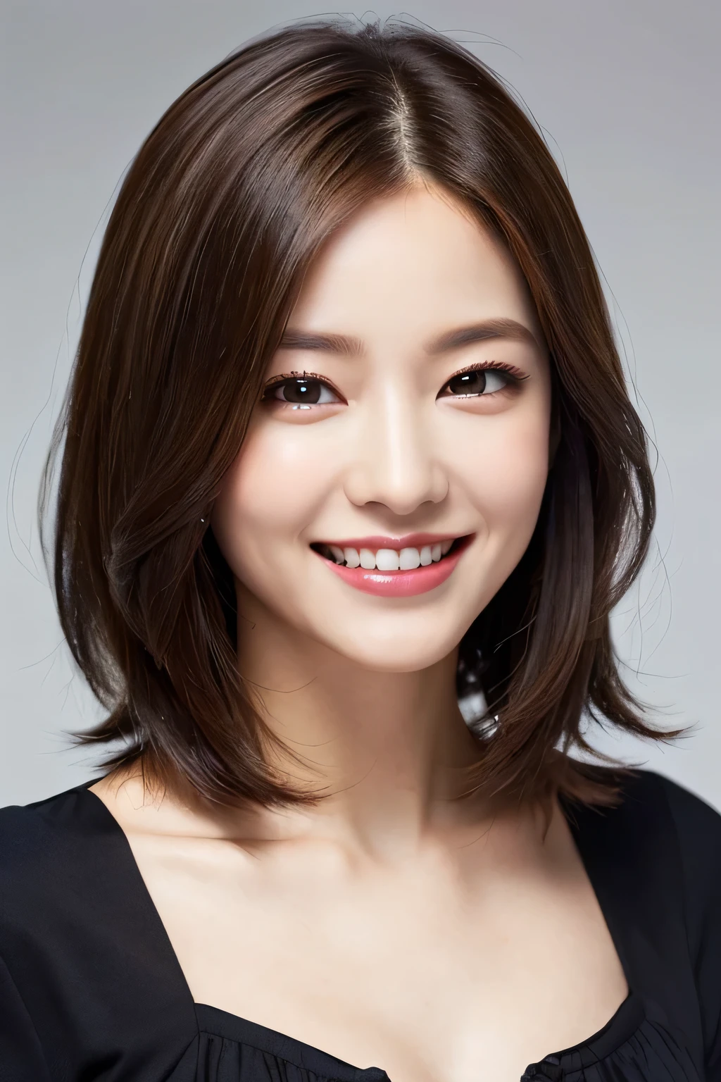 ((masterpiece)), ((Highest quality)), ((Complex)), ((Surreal)), (Realistic), (Mature Woman), ((No classes)), Very detailed, (1 female), Beautiful and exquisite, (Beautiful Teeth), Grin, Brunette bob hair, Brown eyes, ((blouse)), (Upper Body), (background:none), Perfect Eyes, Captivating eyes, Looking at the audience