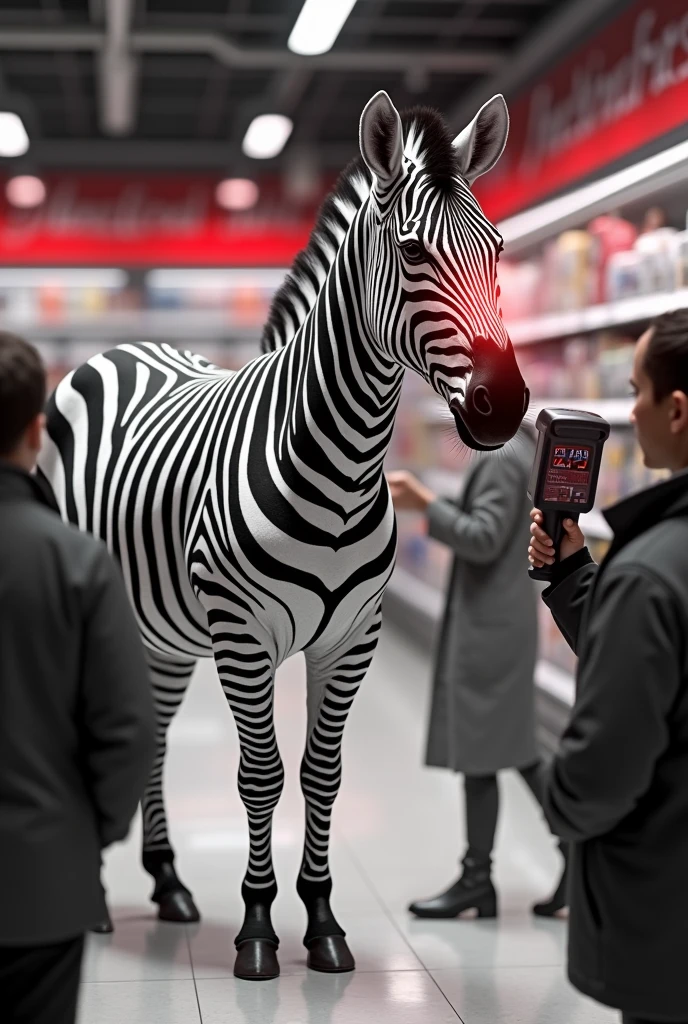 A zebra whose stripes are actually barcodes. Its head is shaped like a handheld scanner with a red light beam for an eye. Set in a supermarket with confused shoppers trying to scan it. Monochrome with red accents. Photorealistic style with a touch of corporate satire."