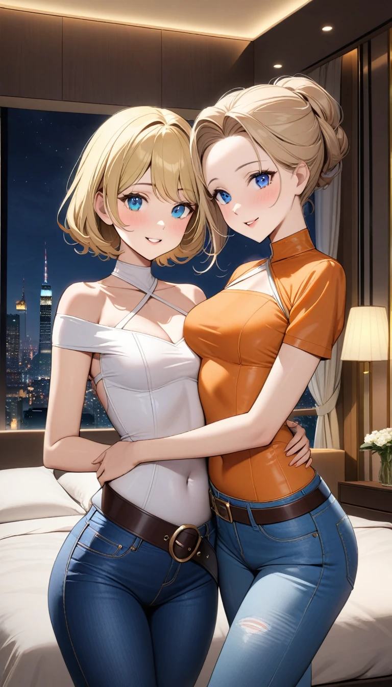 Two beautiful ladies ((lady 1: 35y old mom, with short straight blonde hair, lady 1 with blue eyes and caucasian skin, lady 1 wearing Tight Jeans and Leather Belt, lady 1 Sexy Criss Cross Mock Neck Short Sleeves Orange Blouse)), ((lady 2: 13y old daughter, with short straight blonde hair, lady 2 with blue eyes and caucasian skin, lady 2 wearing Tight Jean Shorts and Leather Belt, lady 2 Sexy Criss Cross Mock Neck Short Sleeves Green Blouse)), luxurious jewelry, 18k gold wedding ring on left hand, standing in their bedroom at night, hugging and kissing each other, (light brown lipstick), (elegant mascara), (slim body), (small breasts), (wide hips), endjourney, <lora:GoodHands-, <lora:GoodLegs-, UHD, high resolution, (expressive eyes, perfect face, full body, expressive face, perfect body, perfect pussy, athletic, fit, slim body, blushing, Perfect makeup, eyeliner, beautiful eyelashes, smiling, horny face), ((best illumination, best shadows)), ((sexy pose)), ((Front pov:1.1))