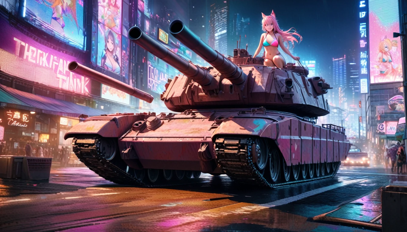 A cute anime catgirl in a colorful bikini happily riding on the turret of a massive armored tank, the tank's color scheme matching her bikini, detailed cityscape of Tokyo in the background, vibrant neon lights, highly detailed, hyper realistic, 8k, masterpiece, cinematic lighting, dynamic composition, lively colors, photorealistic
