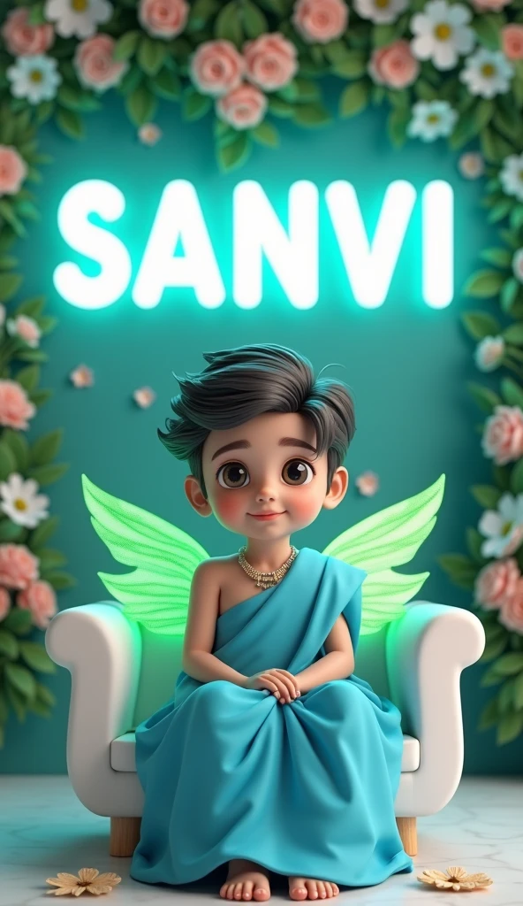 Create 3D picture of a beautiful boy sitting on the white sofa set chair, the "BABY" is wearing a neon blue saree, background wall decorate in flower and leaves and written on capital Big font white colour "SANVI" and wing are green colour look like angel