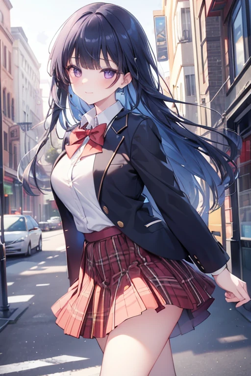 ((masterpiece, best quality, highres, UHD, perfect pixel, depth of field)), (smooth CG, photorealistic:1.1, realistic texture, detailed face), Rio, 1girl, medium breasts, seductive, busty, smile, natural light, cinematic, blue hair, long hair, blunt bangs, (purple eyes, beautiful pupils), (school uniform, cardigan, red bowtie, plaid skirt, black jacket), street view, dynamic pose, pov, look at viewer, blushing