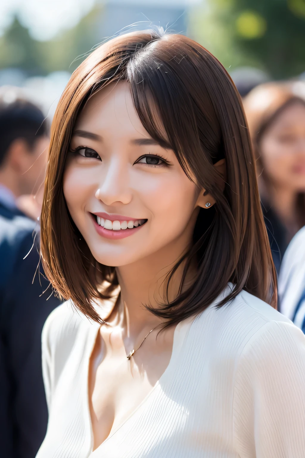 ((masterpiece)), ((Highest quality)), ((Complex)), ((Surreal)), (Realistic), (Mature Woman), ((No classes)), Very detailed, (1 female), Beautiful and exquisite, (Beautiful Teeth), Grin, Brunette bob hair, Brown eyes, ((blouse)), (Upper Body), (background:none), Perfect Eyes, Captivating eyes, Looking at the audience