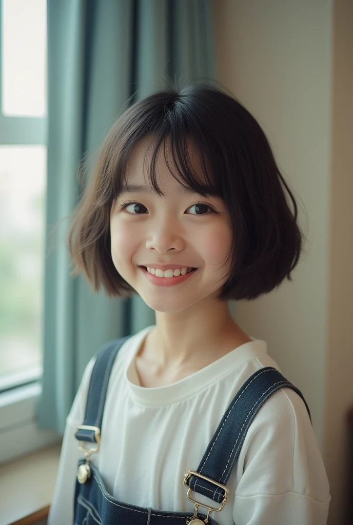 It looks like it was taken with a toy camera.、Photo of a smiling high school girl。The girl has a short haircut、Far away。