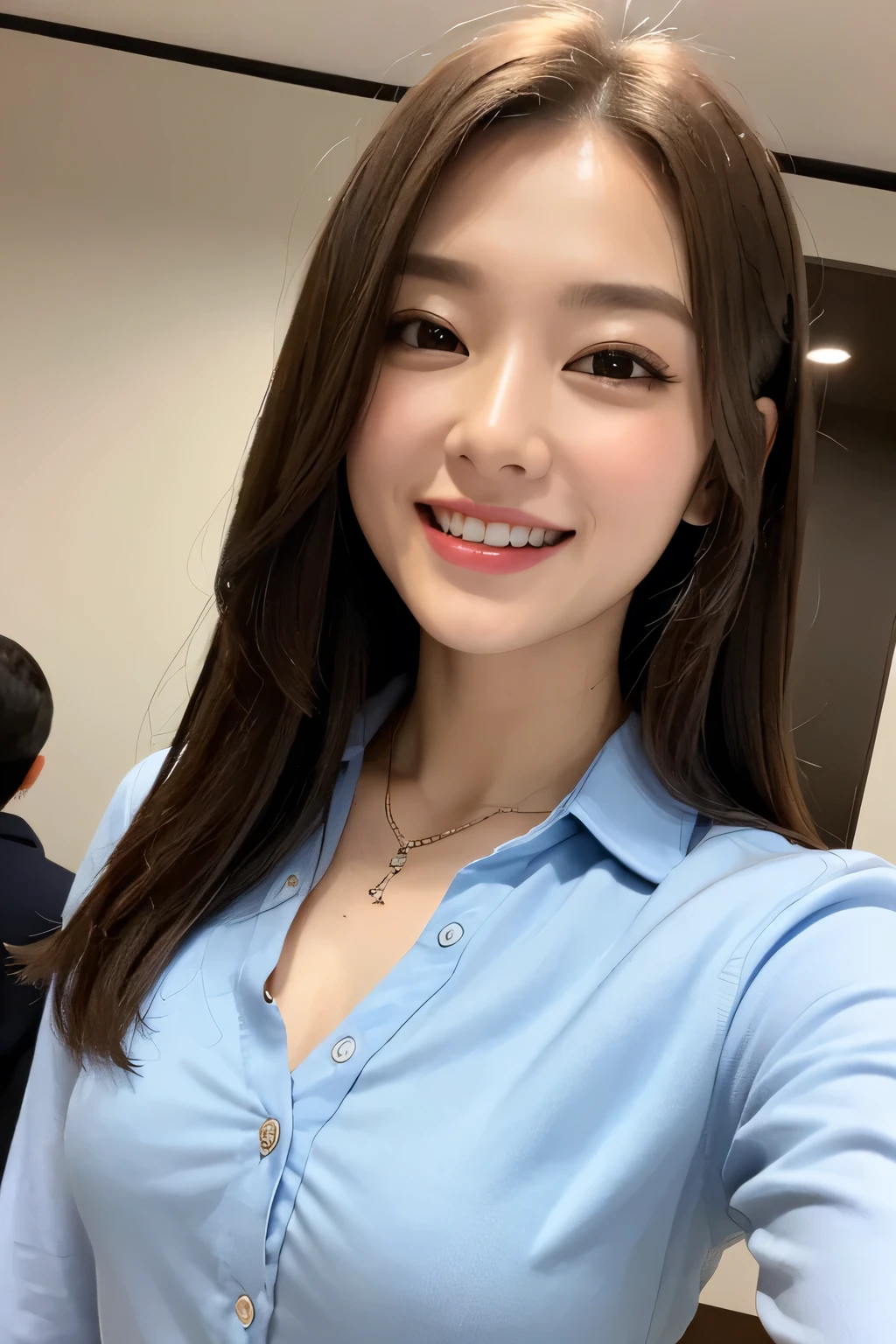 ((masterpiece)), ((Highest quality)), ((Complex)), ((Surreal)), (Realistic), (Mature Woman), ((No classes)), Very detailed, (1 female), Beautiful and exquisite, (Beautiful Teeth), Grin, Brunette bob hair, Brown eyes, ((blouse)), (Upper Body), (background:none), Perfect Eyes, Captivating eyes, Looking at the audience