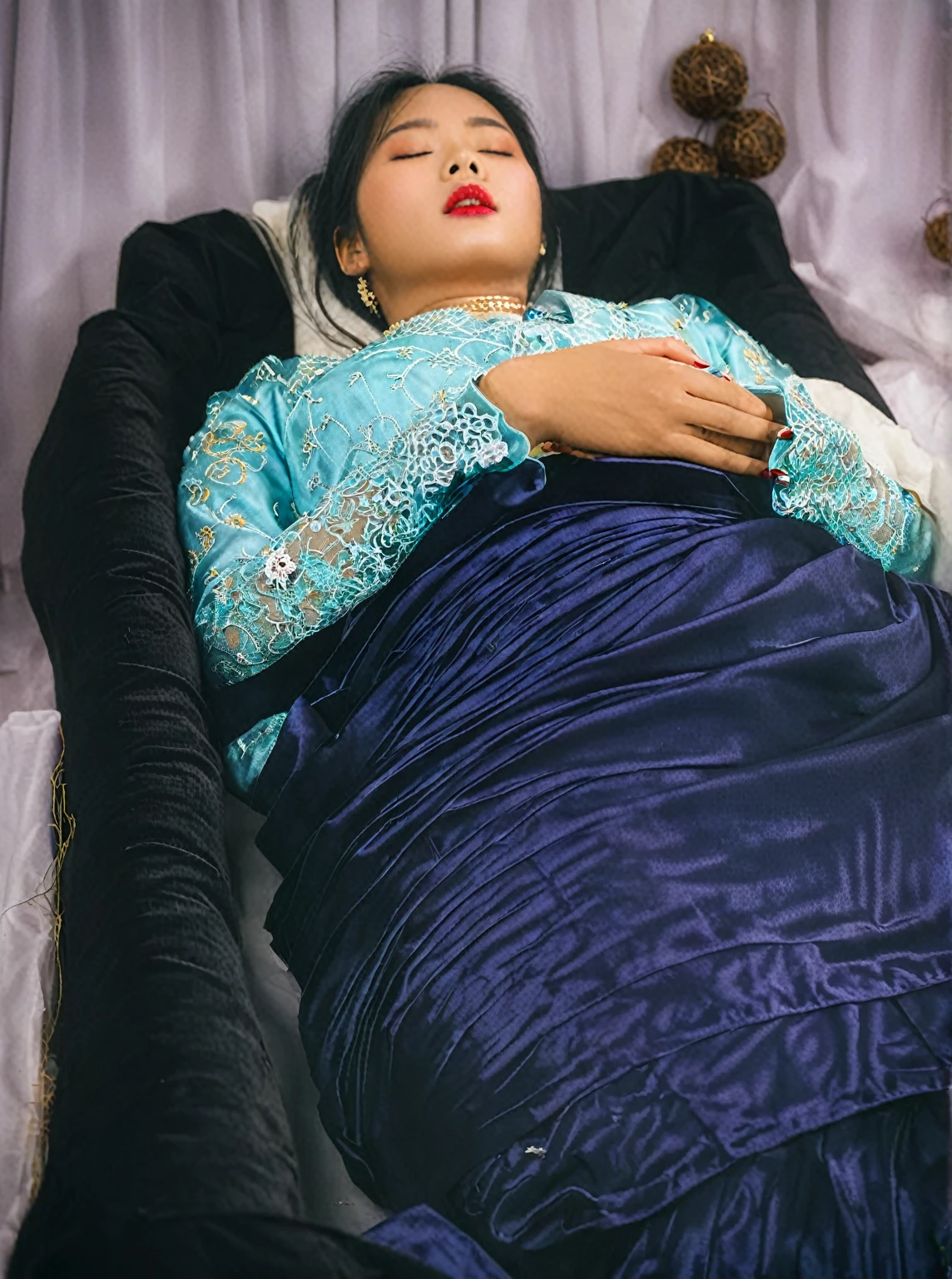 In a striking 8K HDR scene, a stunning Korean woman, 22 years old, lies peacefully in a long coffin and coffin lid beside the dead body. surrounded by plush pillows behind head. The deep box is set against a rich white background, accentuating the beauty of the subject. Her exquisite deep-V neckline kebaya attire is embroidered with superb detail, showcasing her round and firm breasts, perfect cleavage, and beautiful eyebrows. Her closed eyes and mouth give an air of serenity, while her visible and absolute cleavage leave nothing to imagination. The scene is bathed in saturated colors, highlighting every intricate aspect from the ball skirt to her clean face, straight body, detailed hand perfect hands, straight body