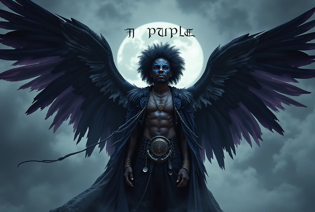 An afro male in rockstar outfits a mask on with huge wings in the dark sky, the word Tj Purple boldly written on the background in horror text with musical symbols