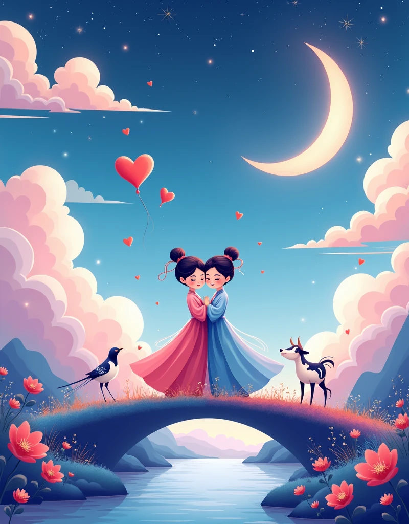 Vector illustration style，Surreal space，abstract，(Qixi Valentine's Day)，Ancient Chinese Mythology，(Hanfu)，((Boys and girls snuggle together:1.7))，(Standing on the arch bridge)，(((A cute calf:1.7)))，(((3 magpies:1.8))), ((Fluffy love heart))，Fluffy clouds，Star，Beautiful moon，Grass，Flowers，In a dream，A vibrant and fun way to set the stage，Blue, purple and pink tones，Bright，Art